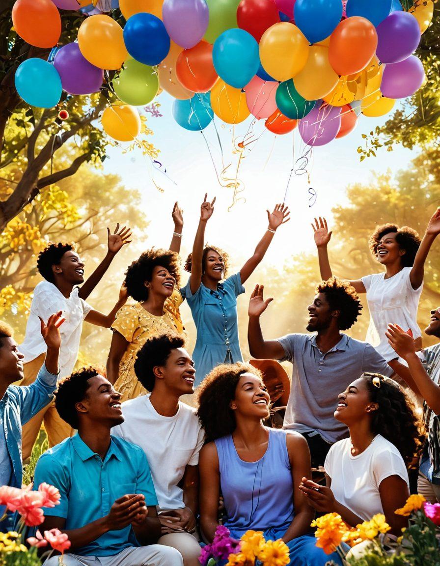 A whimsical and vibrant scene featuring a group of diverse people joyfully listening to music, surrounded by colorful balloons and flowers. Bright, warm sunlight shines down, creating an uplifting atmosphere. In the background, musical notes float in the air, symbolizing sacred songs. Include elements of nature like trees and butterflies to enhance the feeling of delight. super-realistic. vibrant colors. cheerful ambiance.