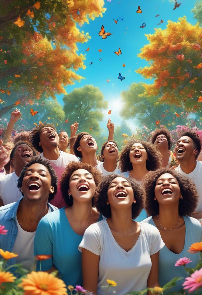 A joyful scene featuring a diverse group of people singing together in a sunny park, surrounded by colorful flowers and fluttering butterflies. Their expressions radiate positivity and happiness, with music notes visually floating around them, symbolizing the uplifting power of cheerful tunes. The background features a clear blue sky and trees, creating a serene atmosphere. vibrant colors. super-realistic.