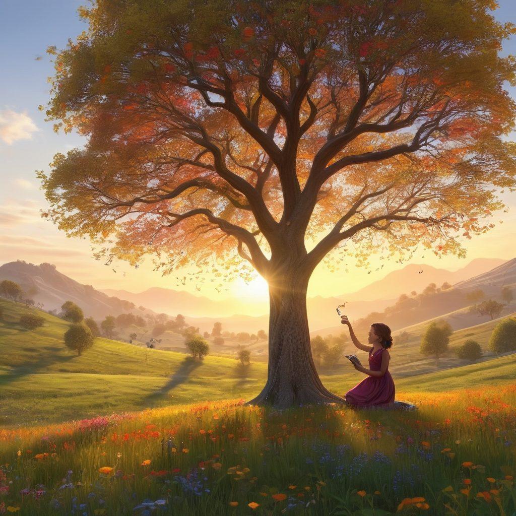 A serene landscape featuring a vibrant sunrise casting warm golden hues over a tranquil meadow filled with colorful wildflowers. A whimsical tree with musical notes gently hanging from its branches, symbolizing melodies, while a curious child dances joyfully under the tree. The scene embodies happiness and tranquility, inviting viewers to seek joy in simple moments. super-realistic. vibrant colors. 3D.
